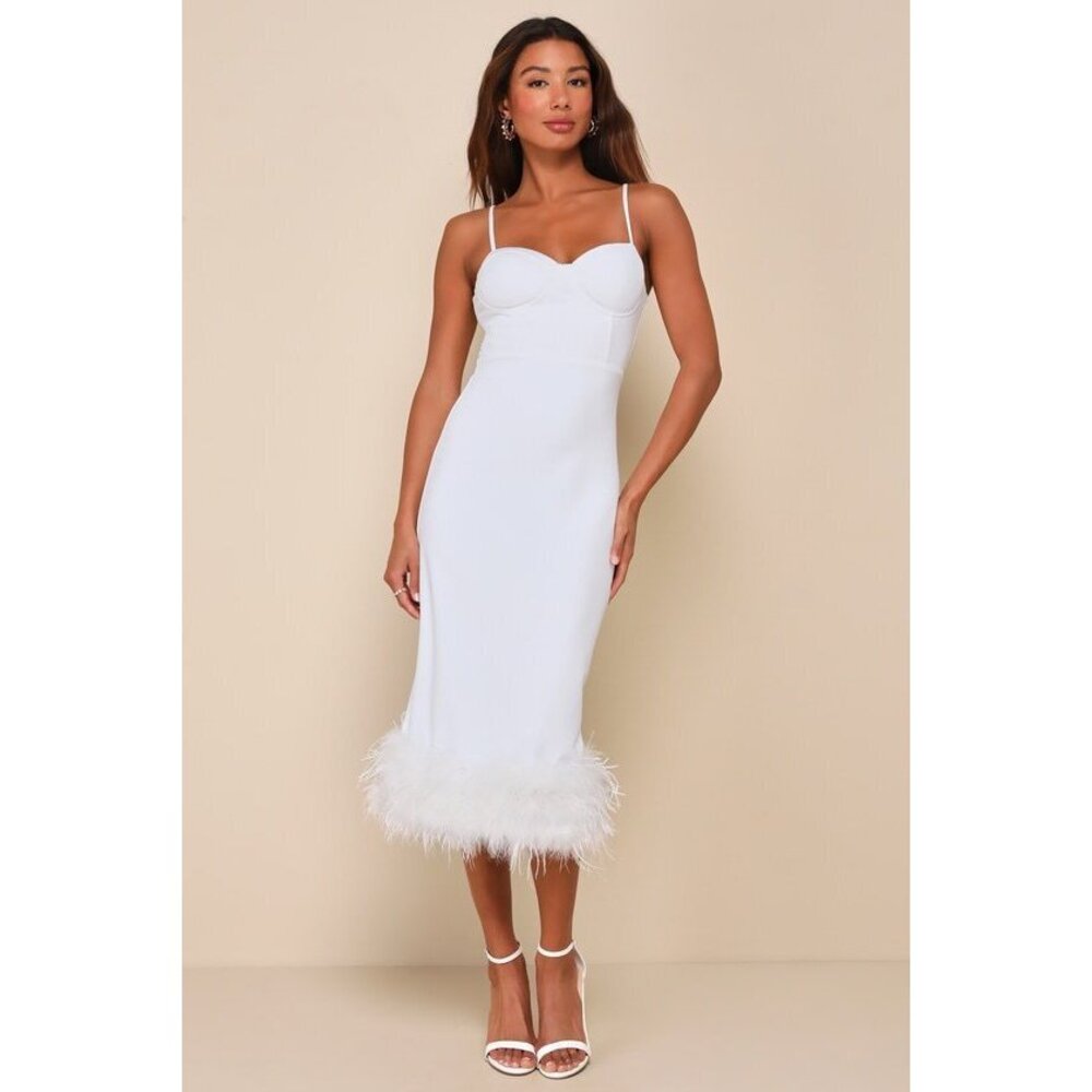 Lulus Passion For Glamour White Sleeveless Bustier Feather Midi Dress - Size S